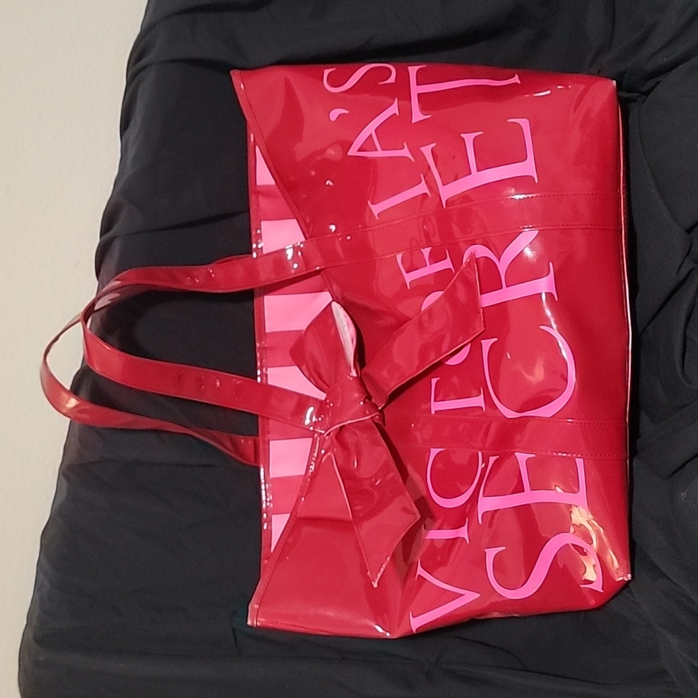 Victoria's Secret Red and Pink Patent Leather Style Totebag with Bow